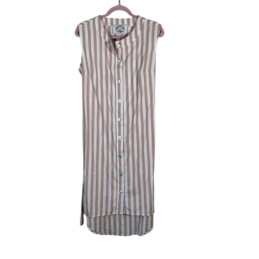 Evi Grintela Tan White Striped Midi Shirt Dress Womens L Casual Minimalist Beach
